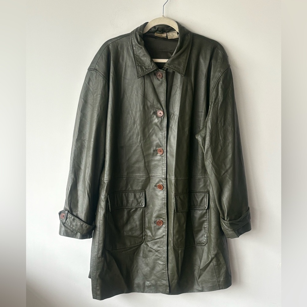 Vintage Newport News Dark Green Leather Trench Coat